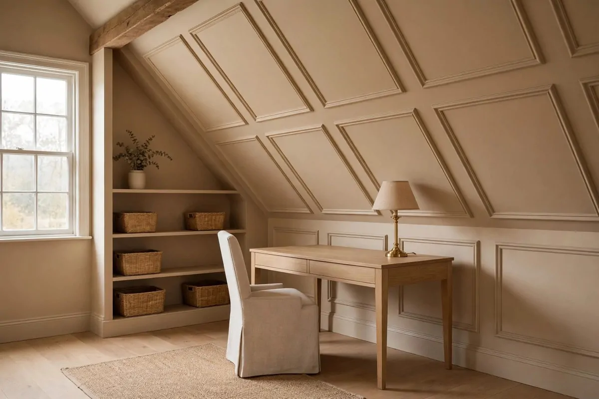 20 Attic Office Ideas That Turn Dusty Corners Into Dream Workspaces 14 Picture frame molding painted over on a wall in an attic office