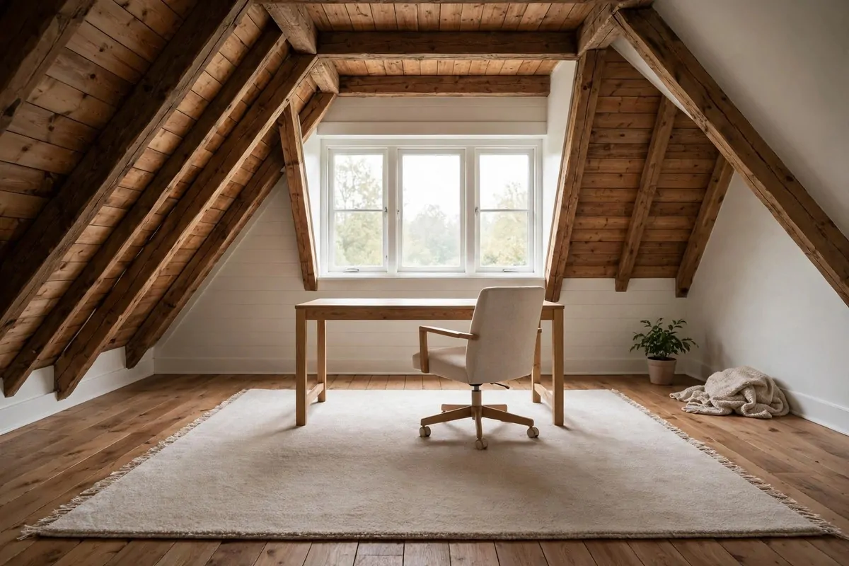20 Attic Office Ideas That Turn Dusty Corners Into Dream Workspaces 16 Soft beige area rug warming the floor of an attic office