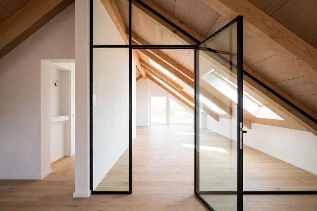20 Attic Office Ideas That Turn Dusty Corners Into Dream Workspaces 17 Custom glass door fitted under the sloped ceiling of an attic office