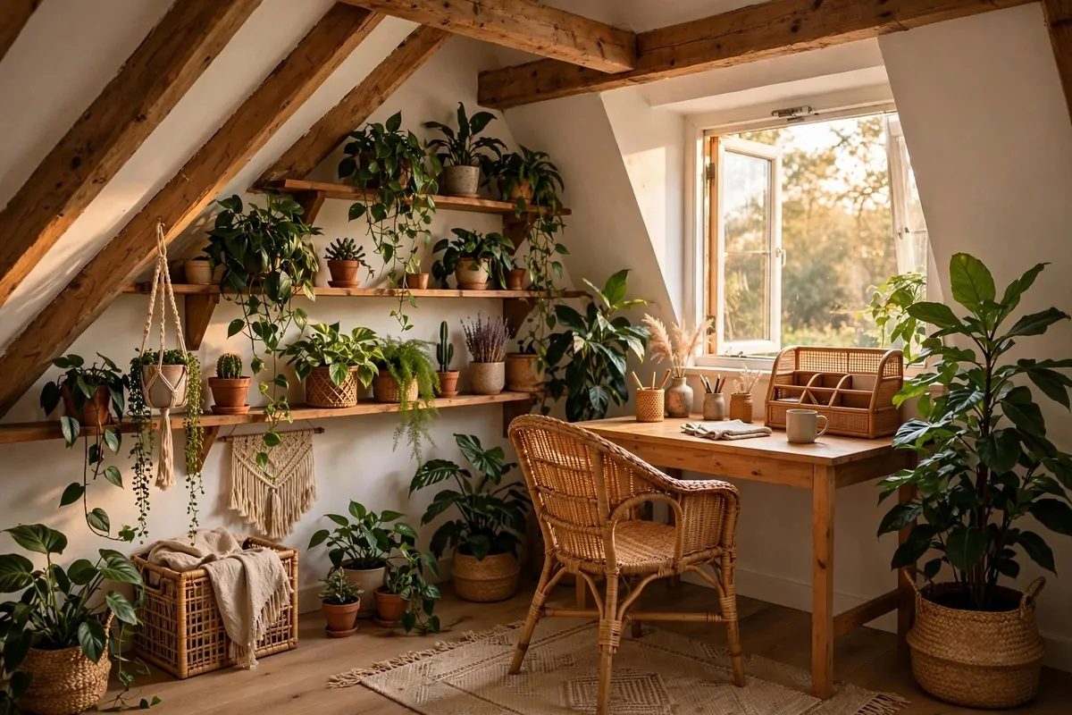 20 Attic Office Ideas That Turn Dusty Corners Into Dream Workspaces 18 Boho attic office with wicker chair and lots of houseplants