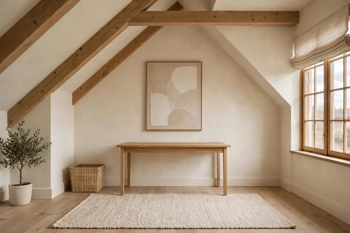 20 Attic Office Ideas That Turn Dusty Corners Into Dream Workspaces 19 Artsy neutral attic office with abstract wall art above the desk