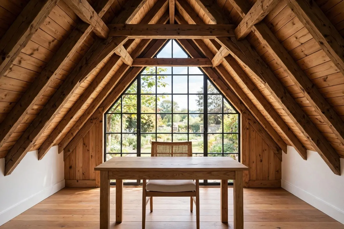 20 Attic Office Ideas That Turn Dusty Corners Into Dream Workspaces 20 Desk facing a gable window with a view in an attic home office