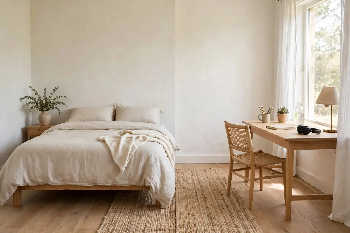 20 Bedroom with Office Space Layouts That Feel Balanced 1 A bedroom split in half, bed on the left side and desk on the right side, a rug edge marking the middle line