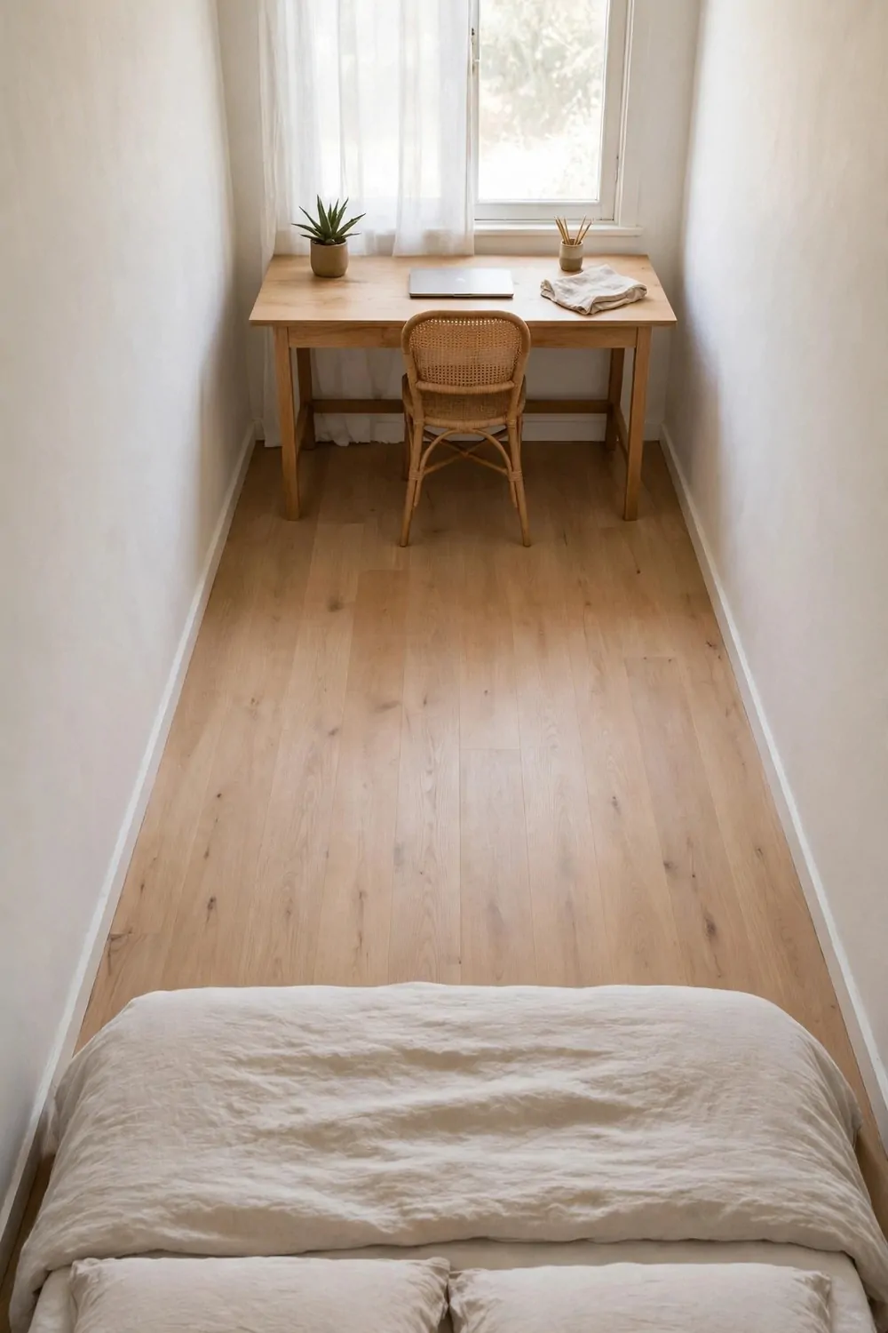 20 Bedroom with Office Space Layouts That Feel Balanced 2 A bed against one wall of a bedroom and a desk against the opposite wall, clear floor between them