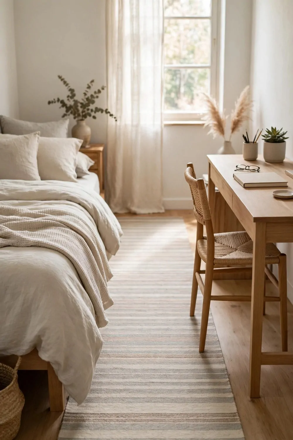 20 Bedroom with Office Space Layouts That Feel Balanced 3 A long rug running between a bed and a desk in a bedroom, joining the two zones