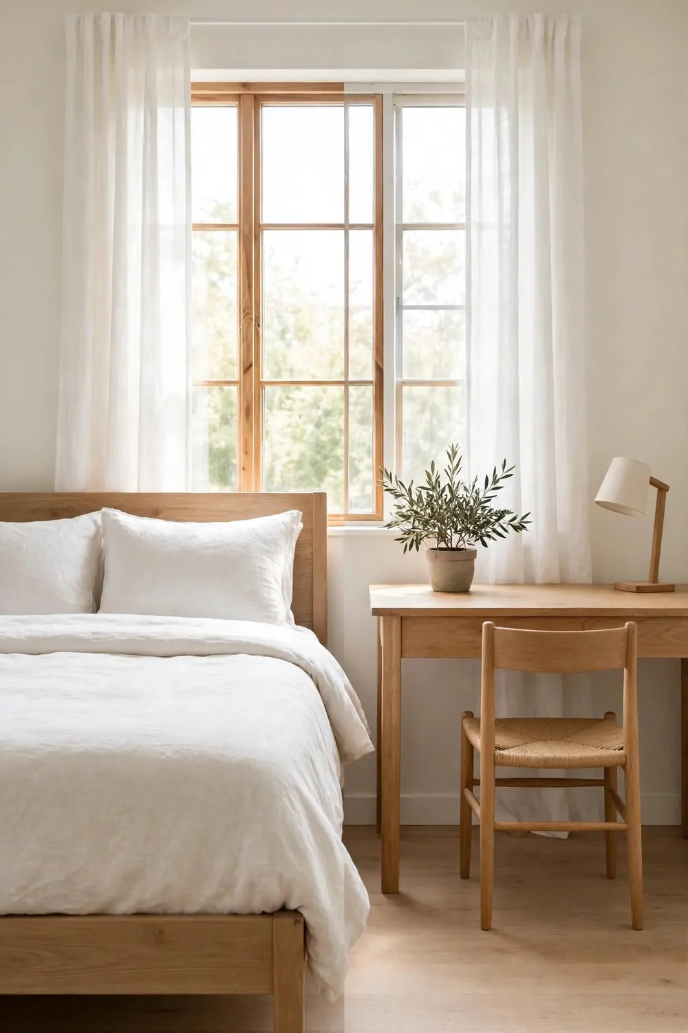 20 Bedroom with Office Space Layouts That Feel Balanced 4 A desk and a bed of matching size in a bedroom, neither piece bigger than the other, balanced look