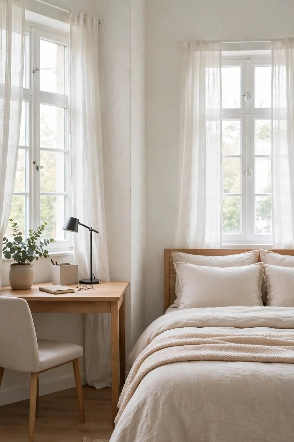 20 Bedroom with Office Space Layouts That Feel Balanced 5 A bedroom with a window over the desk and a window over the bed, both sides in soft daylight