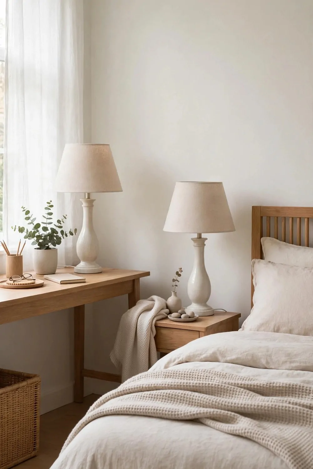 20 Bedroom with Office Space Layouts That Feel Balanced 6 Two matching lamps, one on a desk and one on a bedside table in a bedroom