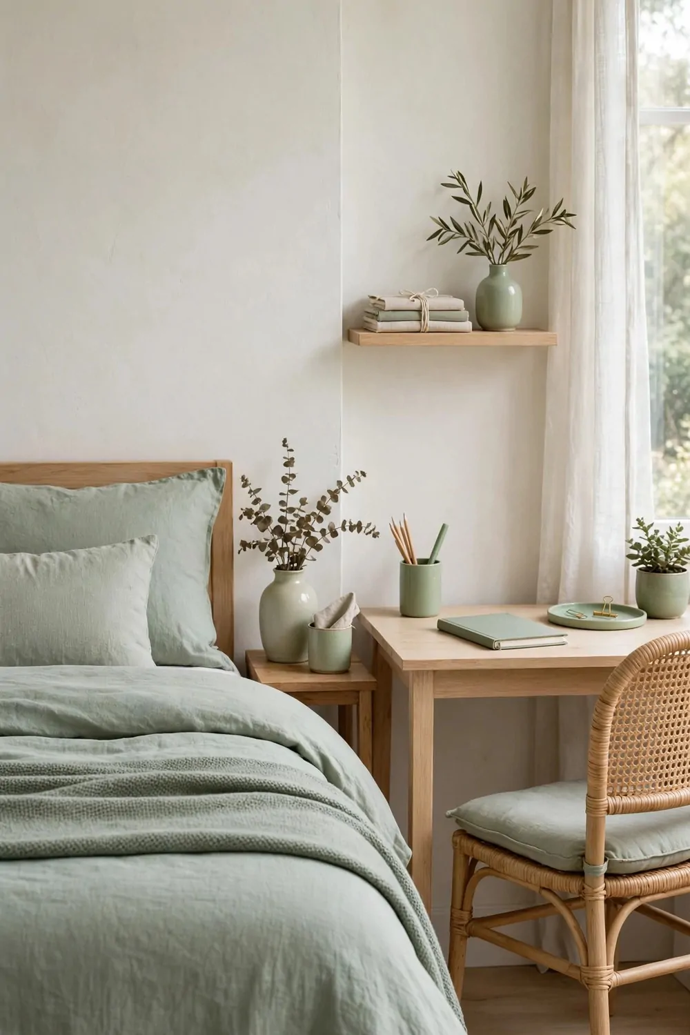 20 Bedroom with Office Space Layouts That Feel Balanced 7 A bedroom with one soft colour repeated on the bed side and the desk side, pale walls