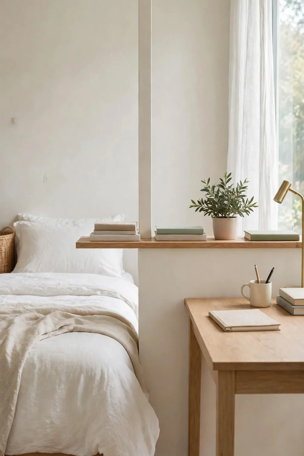 20 Bedroom with Office Space Layouts That Feel Balanced 8 A low shelf marking the middle line between a bed and a desk in a bedroom