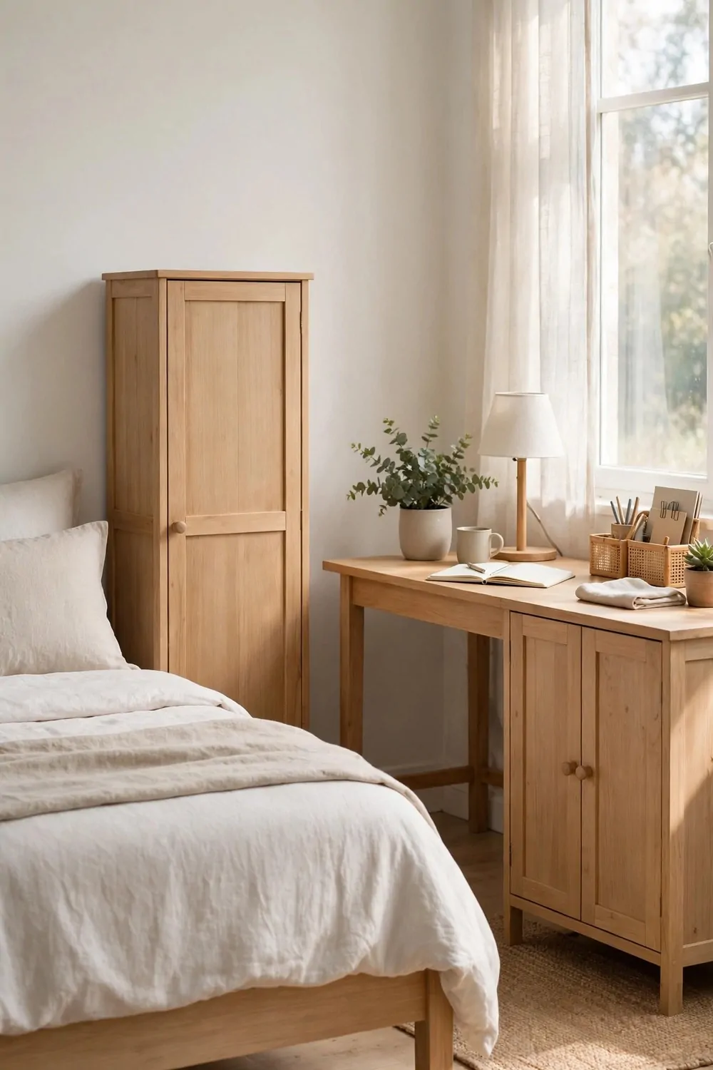 20 Bedroom with Office Space Layouts That Feel Balanced 9 Two matching cupboards in a bedroom, one by the bed and one by the desk