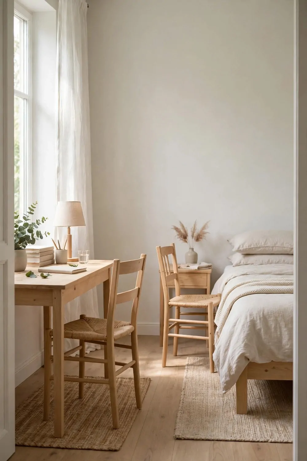 20 Bedroom with Office Space Layouts That Feel Balanced 10 Two matching wooden chairs in a bedroom, one at the desk and one by the bed