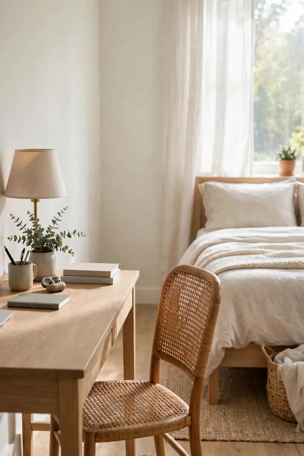 20 Bedroom with Office Space Layouts That Feel Balanced 11 A desk facing across a bedroom toward a made bed, chair turned to face the room