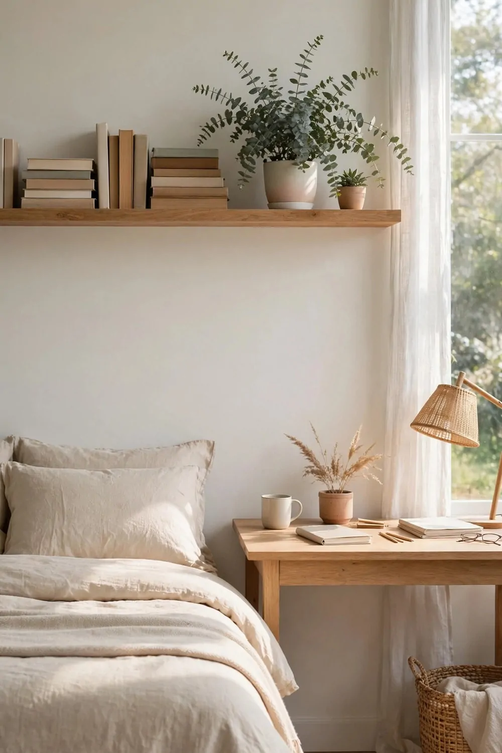 20 Bedroom with Office Space Layouts That Feel Balanced 12 One long wall shelf running above a bed and a desk in a bedroom, books and a plant on it