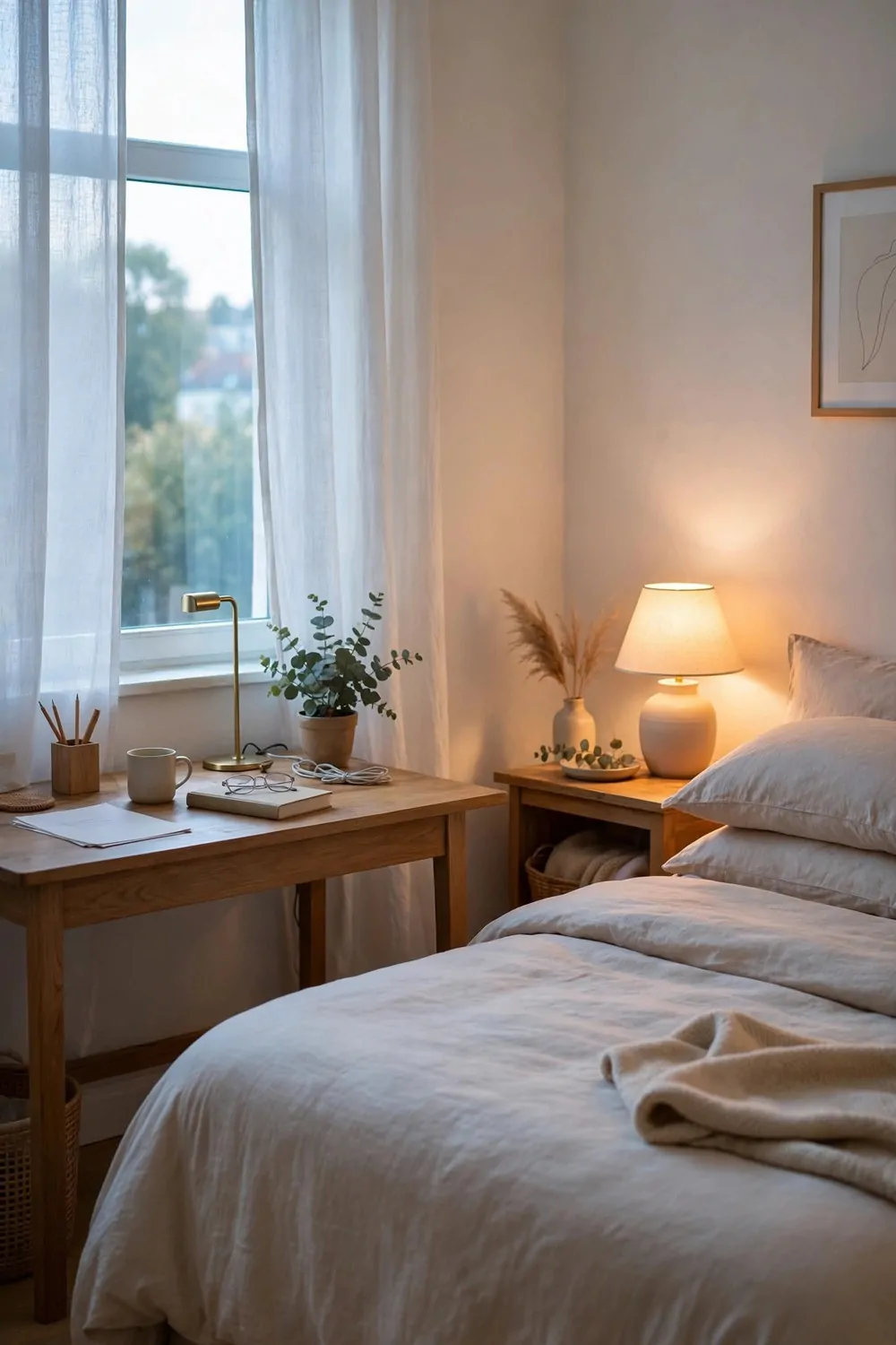 20 Bedroom with Office Space Layouts That Feel Balanced 13 A desk in morning light by a window and a bed in soft evening light in the same bedroom