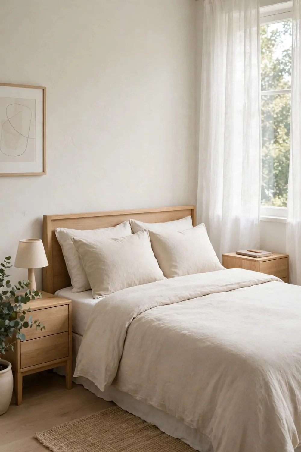 20 Bedroom with Office Space Layouts That Feel Balanced 14 Two bedside tables beside a bed in a bedroom, one holding a lamp and one holding a notebook and pen