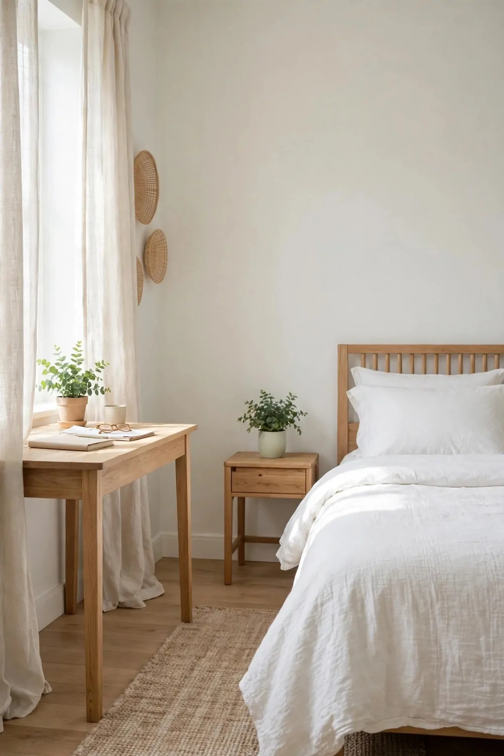 20 Bedroom with Office Space Layouts That Feel Balanced 15 A small plant on a desk and a small plant on a bedside table in a bedroom