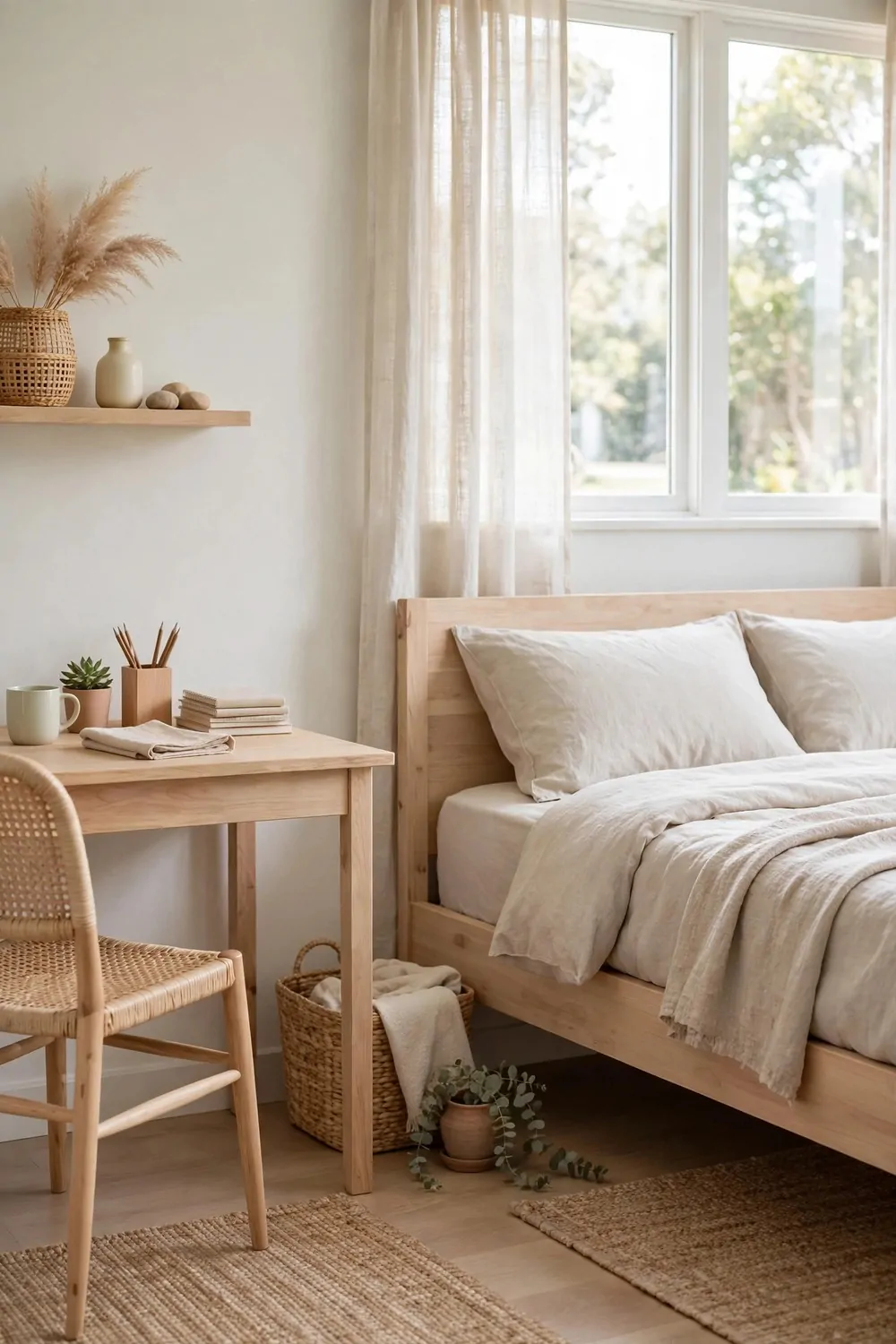 20 Bedroom with Office Space Layouts That Feel Balanced 16 A desk and a bed frame in matching pale wood in a bedroom