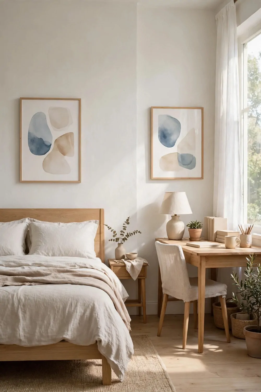 20 Bedroom with Office Space Layouts That Feel Balanced 17 Two matching framed pictures on a bedroom wall, one above the bed and one above the desk