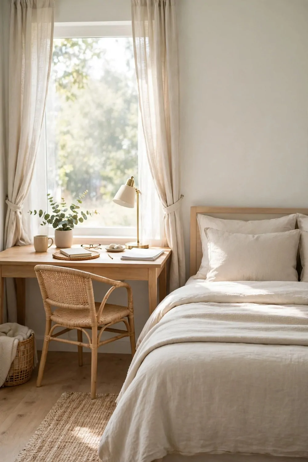 20 Bedroom with Office Space Layouts That Feel Balanced 18 A bedroom desk in bright morning light with a made bed beside it, calm and even