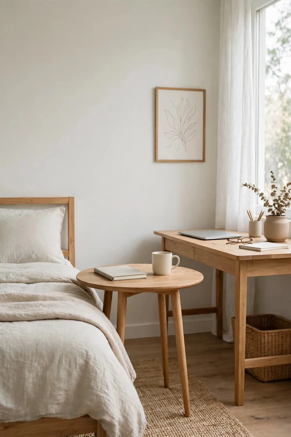 20 Bedroom with Office Space Layouts That Feel Balanced 19 A small round table standing between a bed and a desk in a bedroom, notebook and mug on top