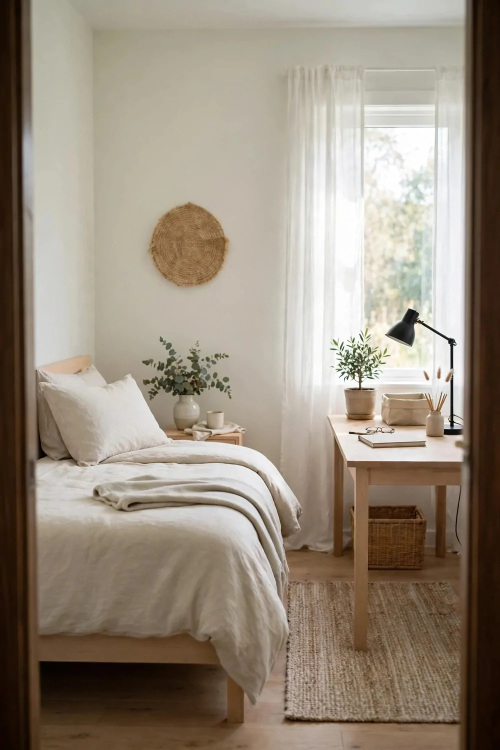 20 Bedroom with Office Space Layouts That Feel Balanced 20 A bedroom seen from the doorway, bed on one side and desk on the other, even and balanced