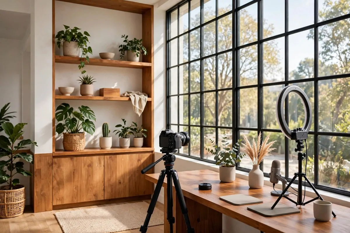 A bright content creation studio with a large window wall, a desk with a camera on a tripod, a ring light, warm wood shelves and plants