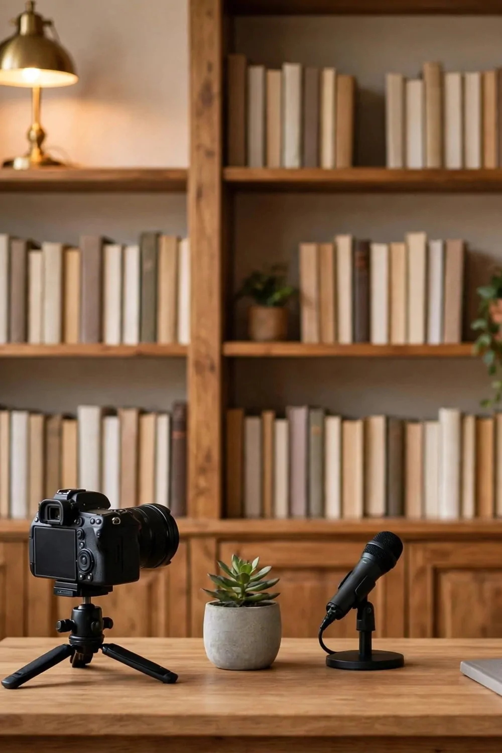 A talking-head studio background with styled wooden bookshelves, books, a plant and warm lamps behind a desk