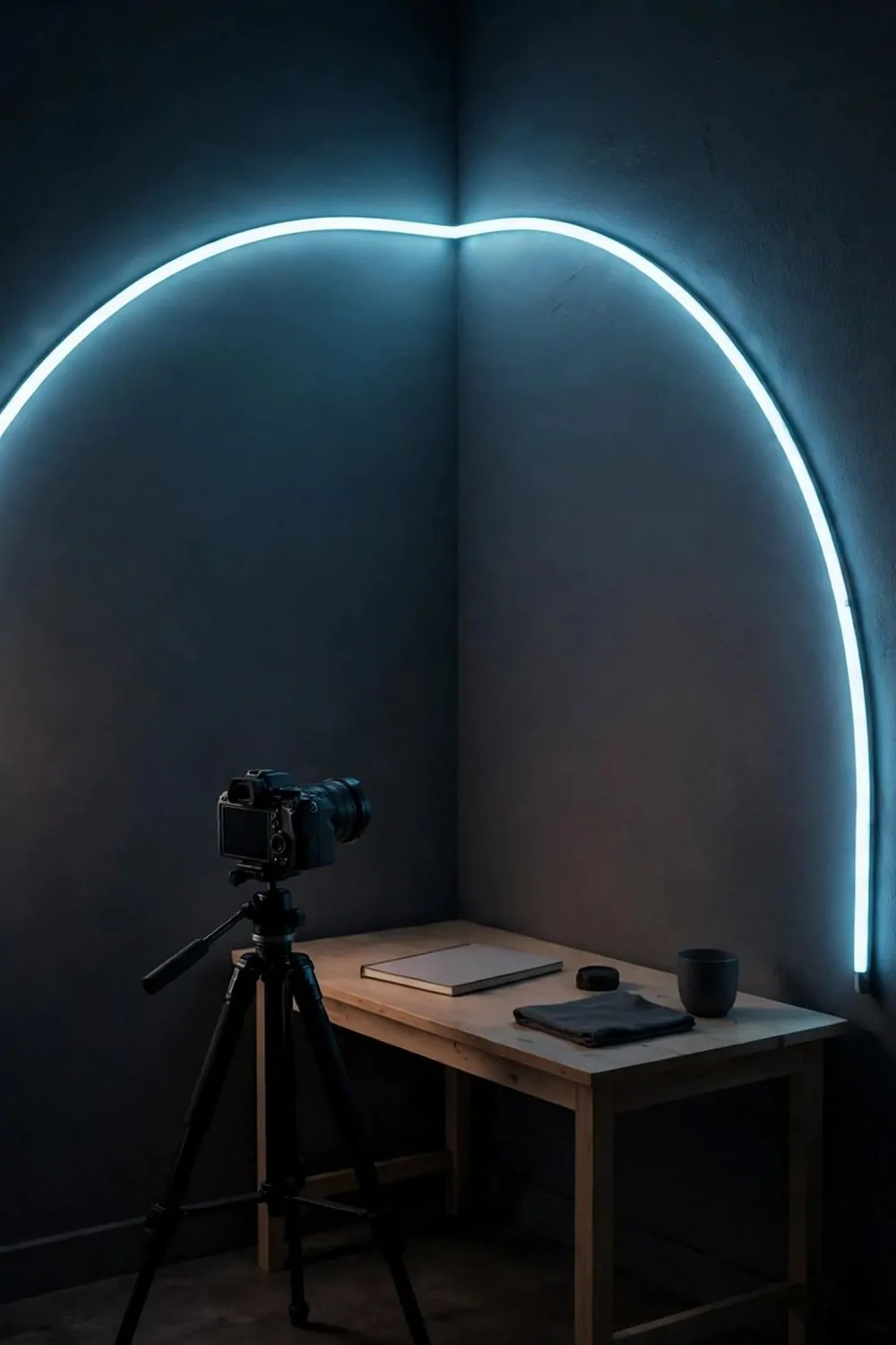 A studio corner with a glowing LED strip frame on a dark wall, a desk with a camera and a small shelf below