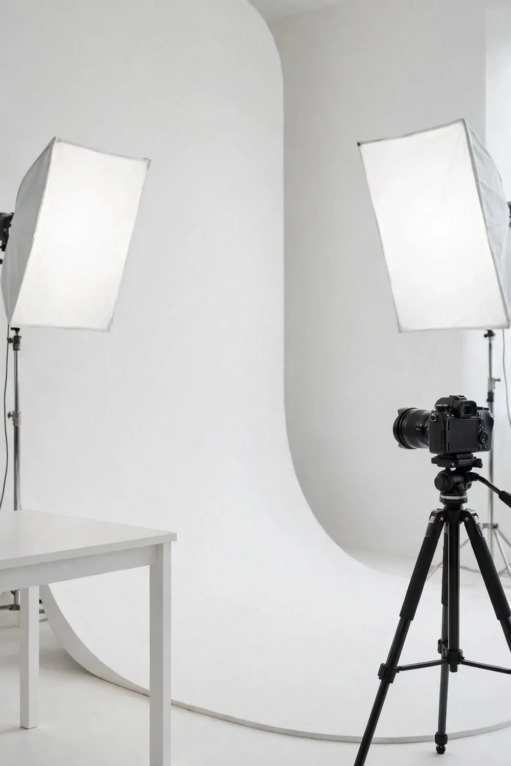 A seamless white cyclorama corner studio with a curved white wall, a white desk, a camera on a tripod and soft lamps