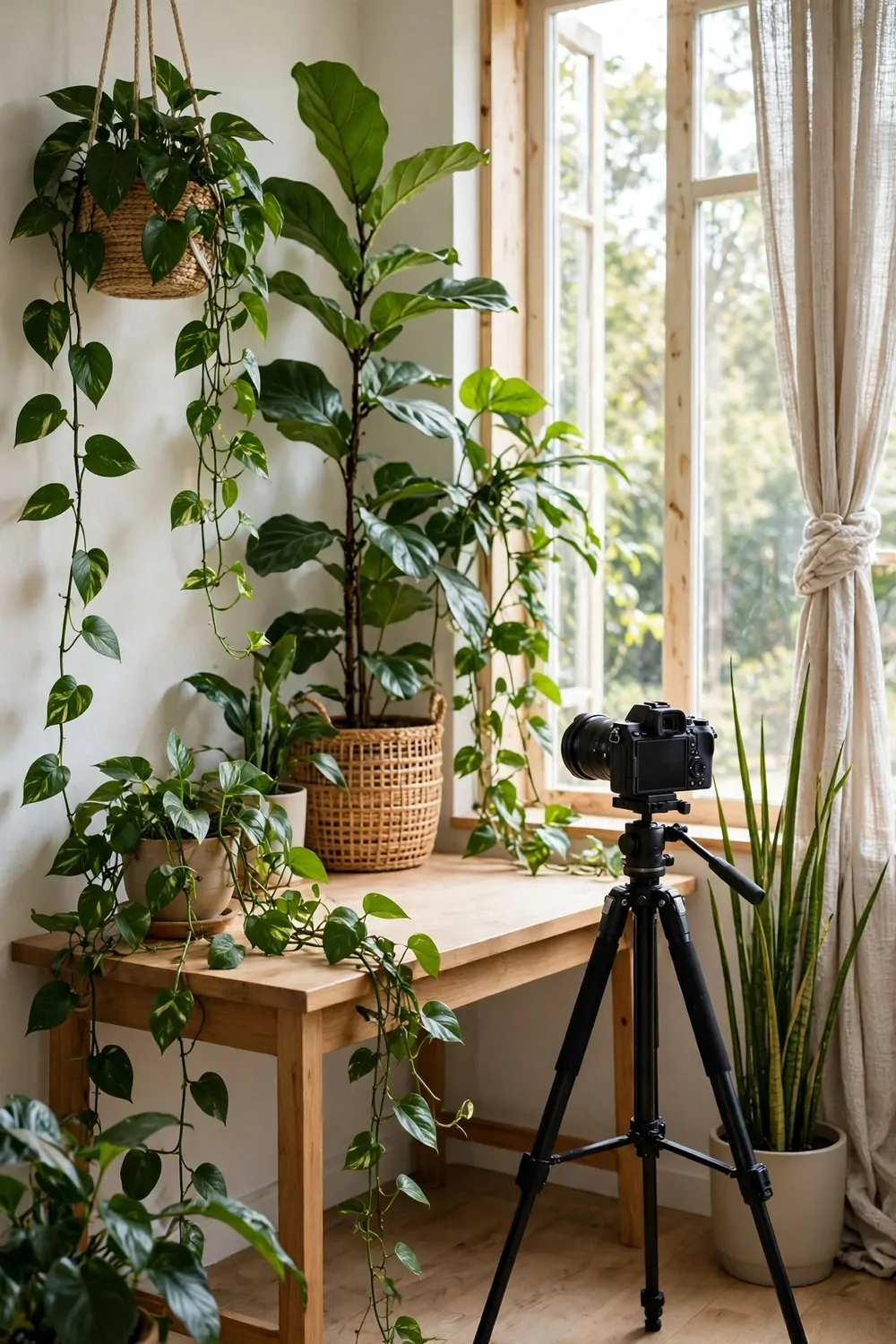 A filming corner layered with tall and trailing green plants around a desk by a bright window