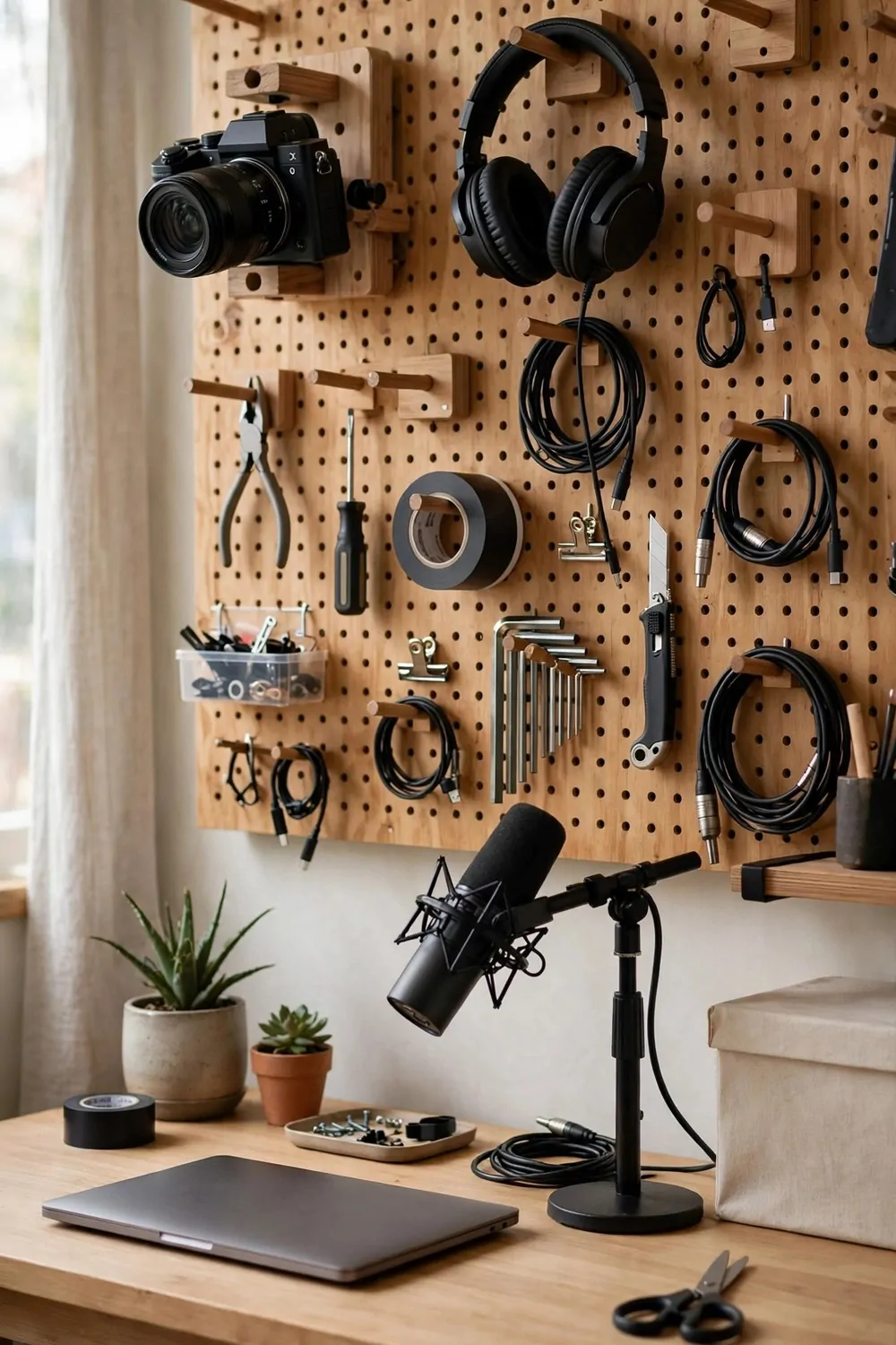 A creator studio with a pegboard gear wall holding a camera, headphones and cables above a tidy desk