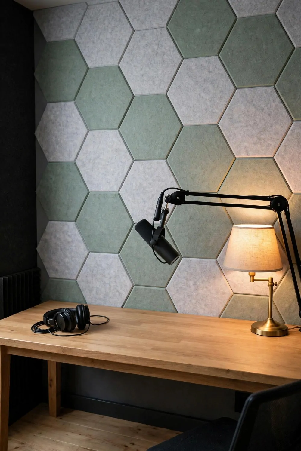 A studio with a felt acoustic panel wall in a geometric pattern behind a desk with a microphone and a warm lamp