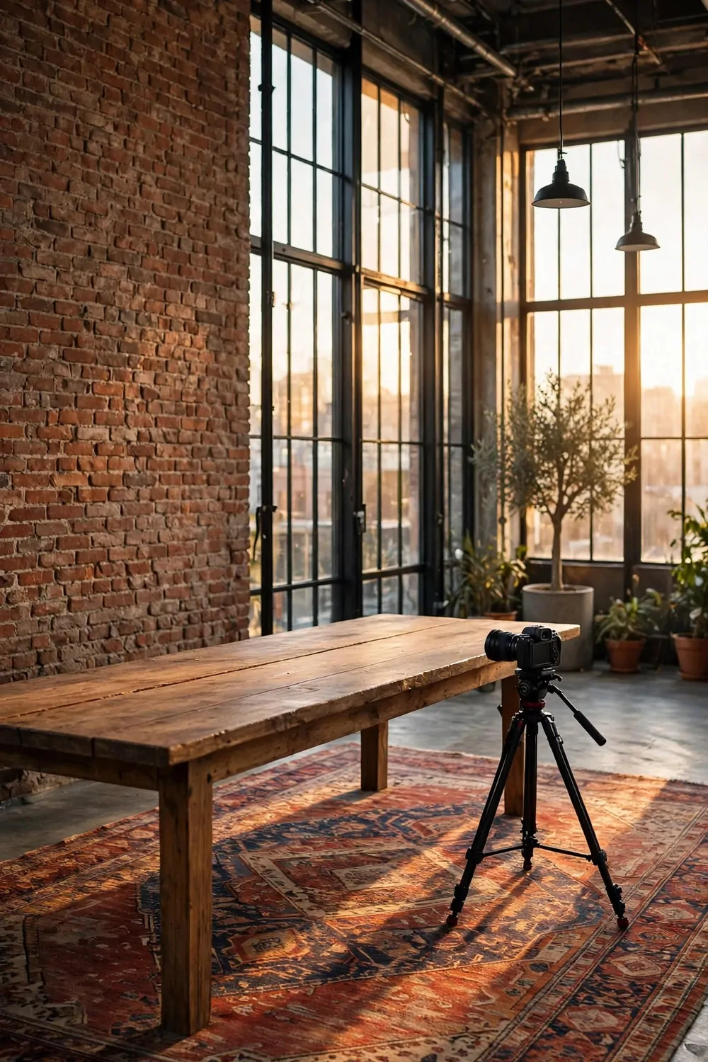 A loft-style filming studio with an exposed brick wall, tall industrial windows, a long table and a rug