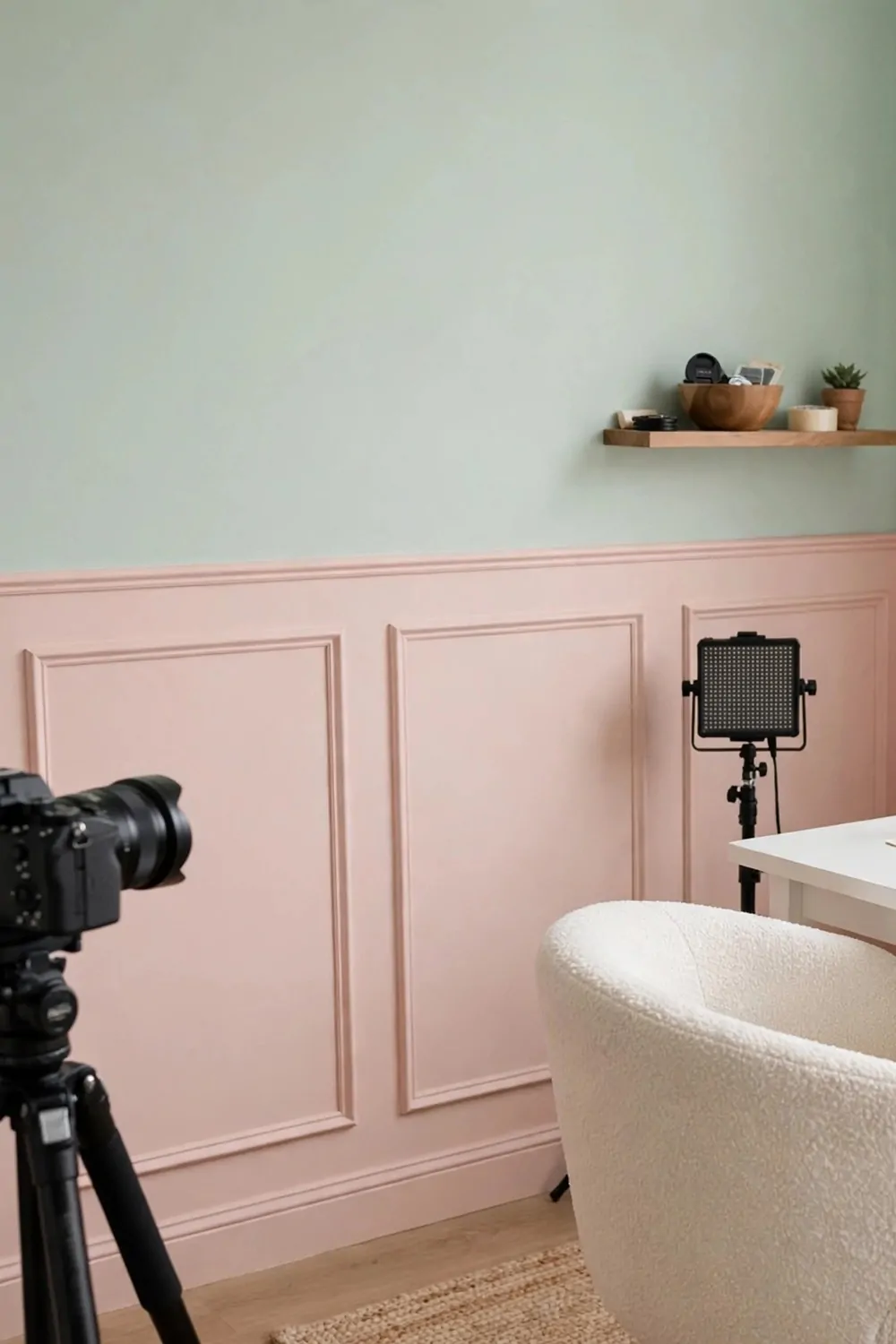A studio with a two-tone pastel wall in blush pink and mint, a white desk and a curved chair