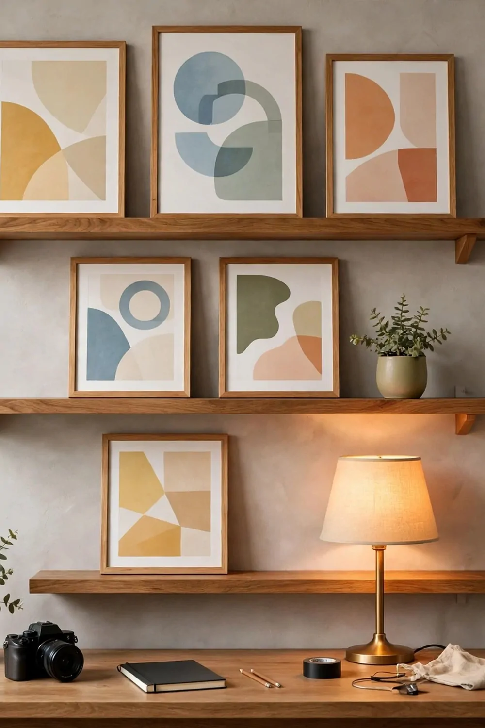 A filming background with floating shelves holding framed abstract art prints, a small plant and a warm lamp