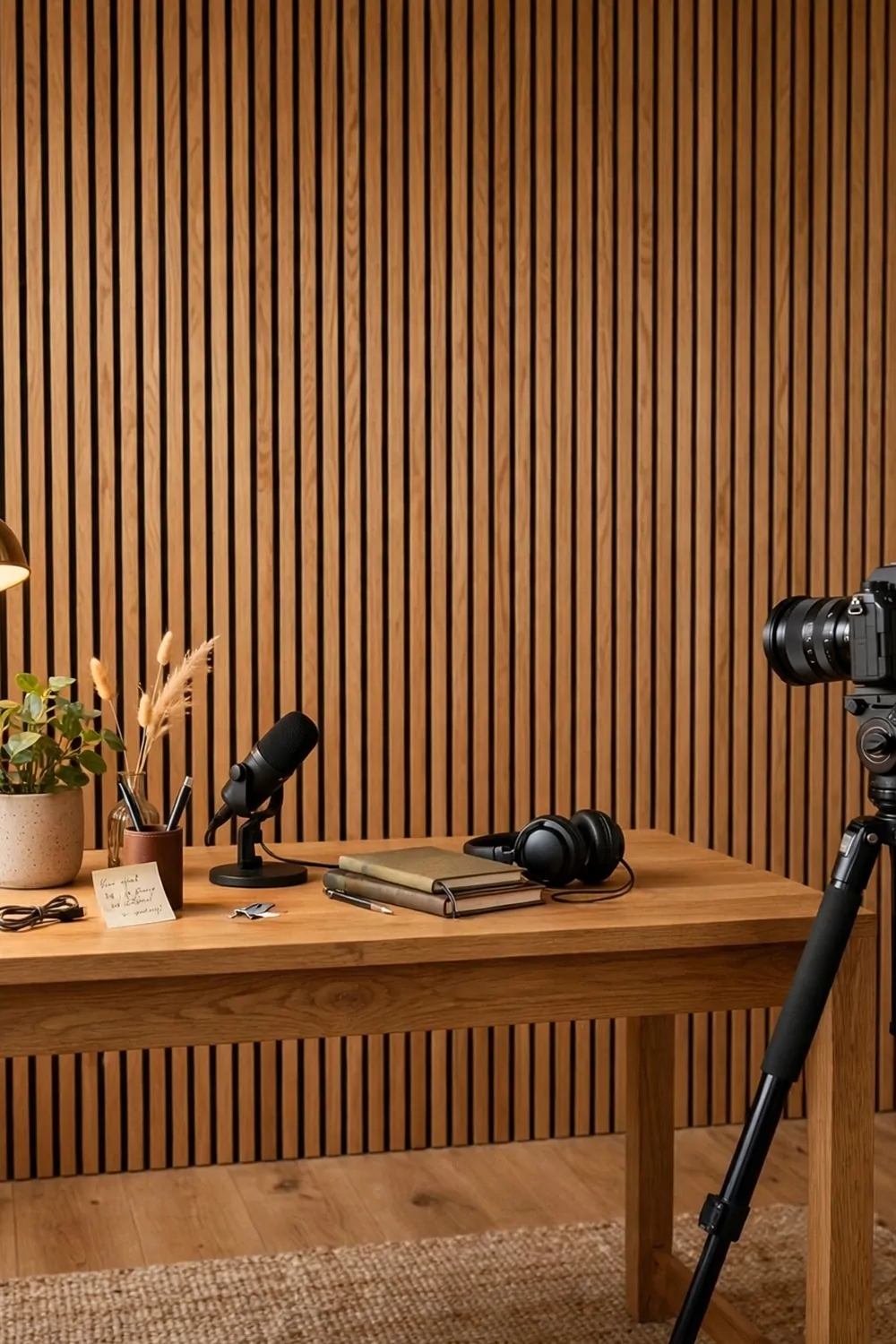 A warm studio with a vertical wood slat feature wall, an oak desk with a microphone, headphones and books, a camera on a tripod and a plant