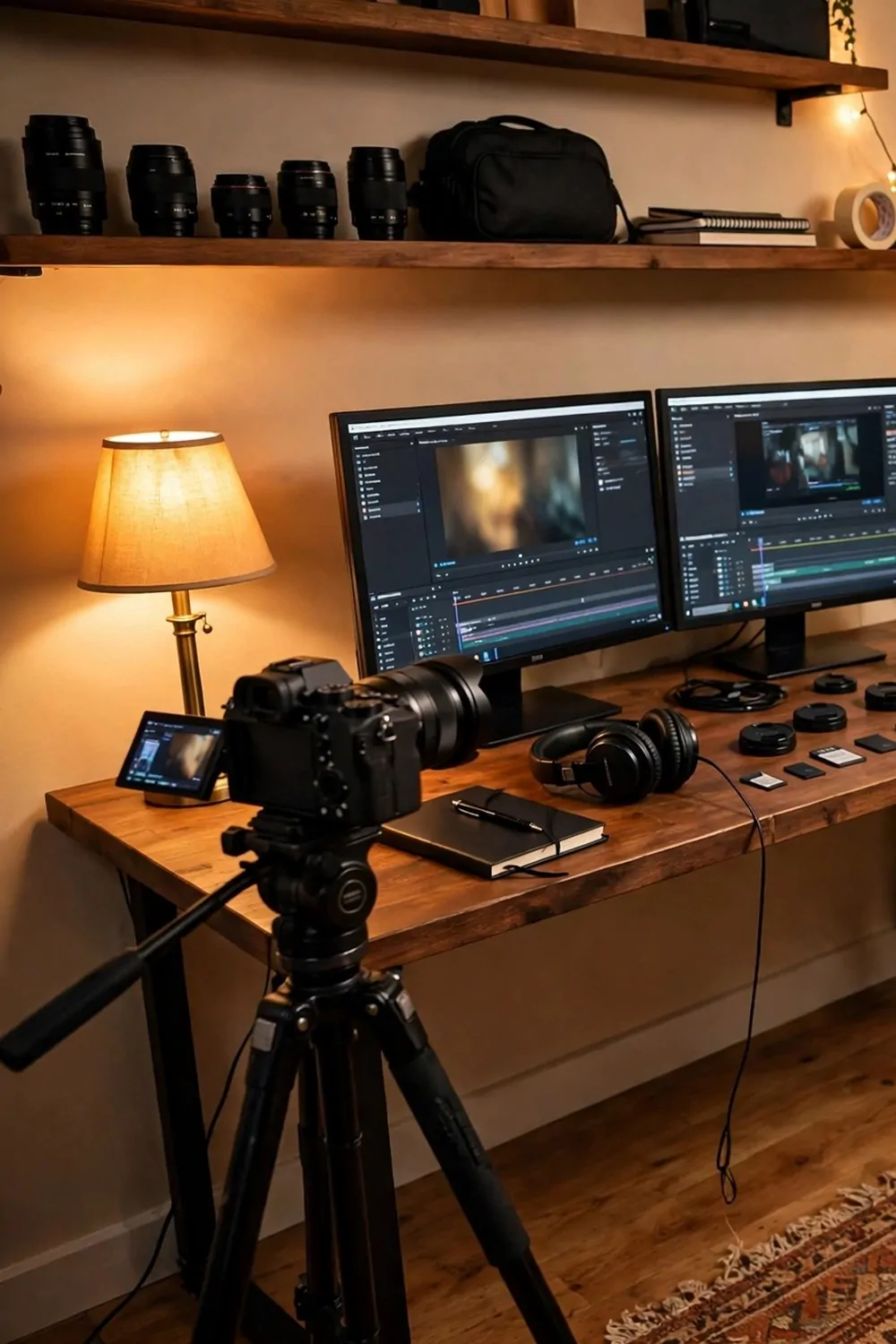 A corner studio desk with a camera on a tripod, two editing monitors, shelves of lenses and warm lighting
