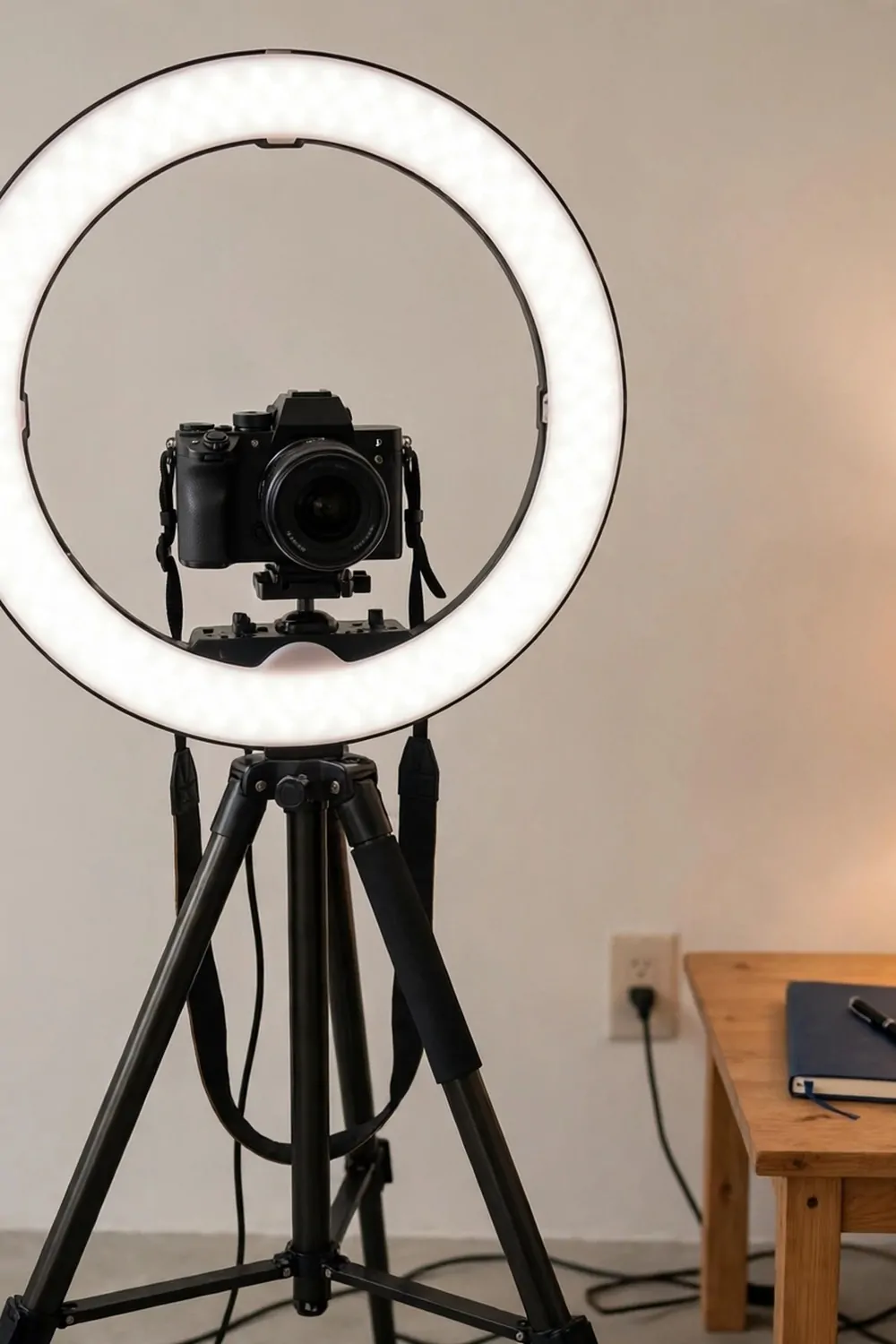 A studio with a large ring light around a camera on a tripod, a plain wall and a small wooden desk