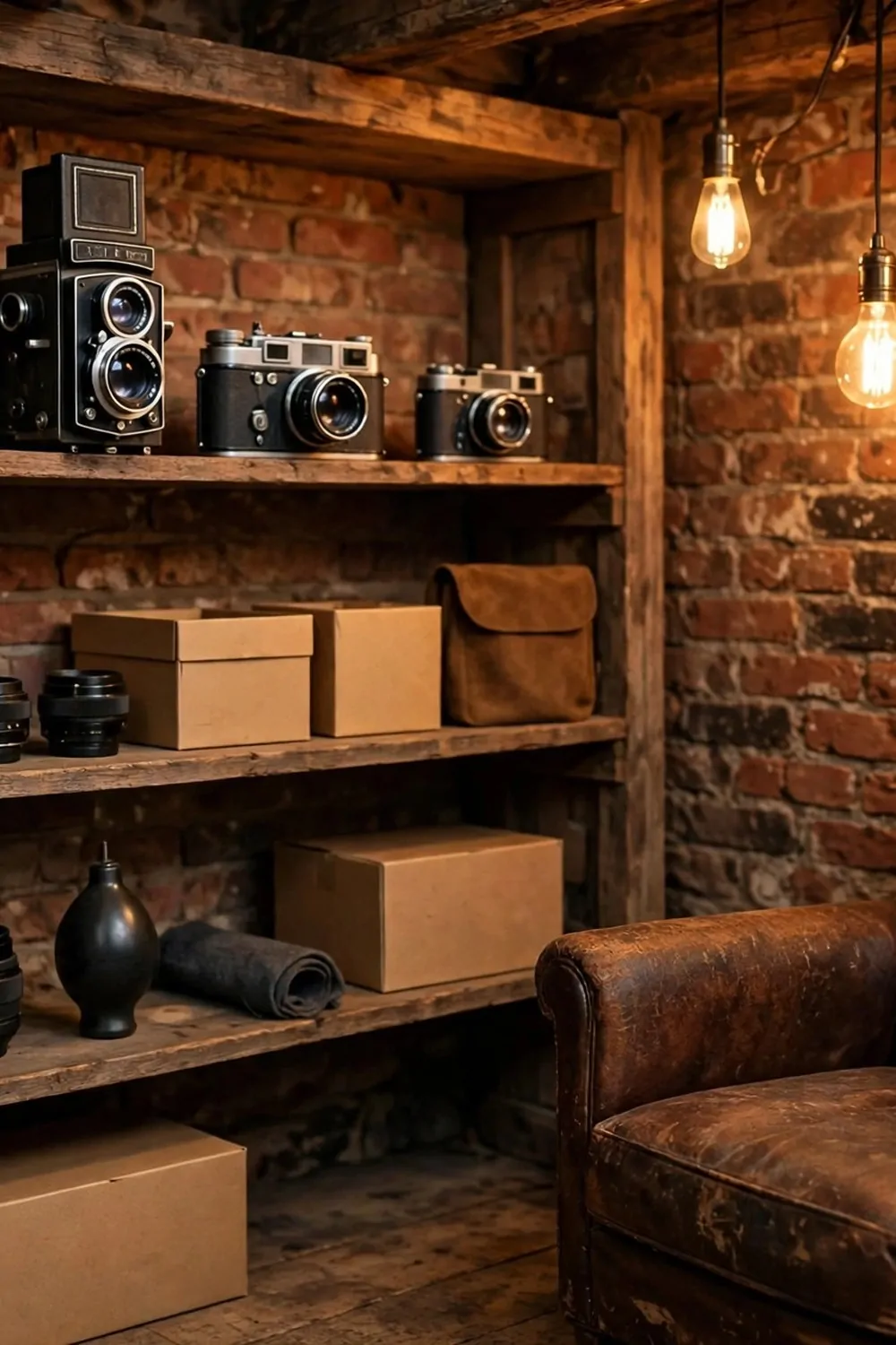 A vintage film studio corner with old film cameras on shelves, warm Edison bulbs, a leather chair and a brick wall