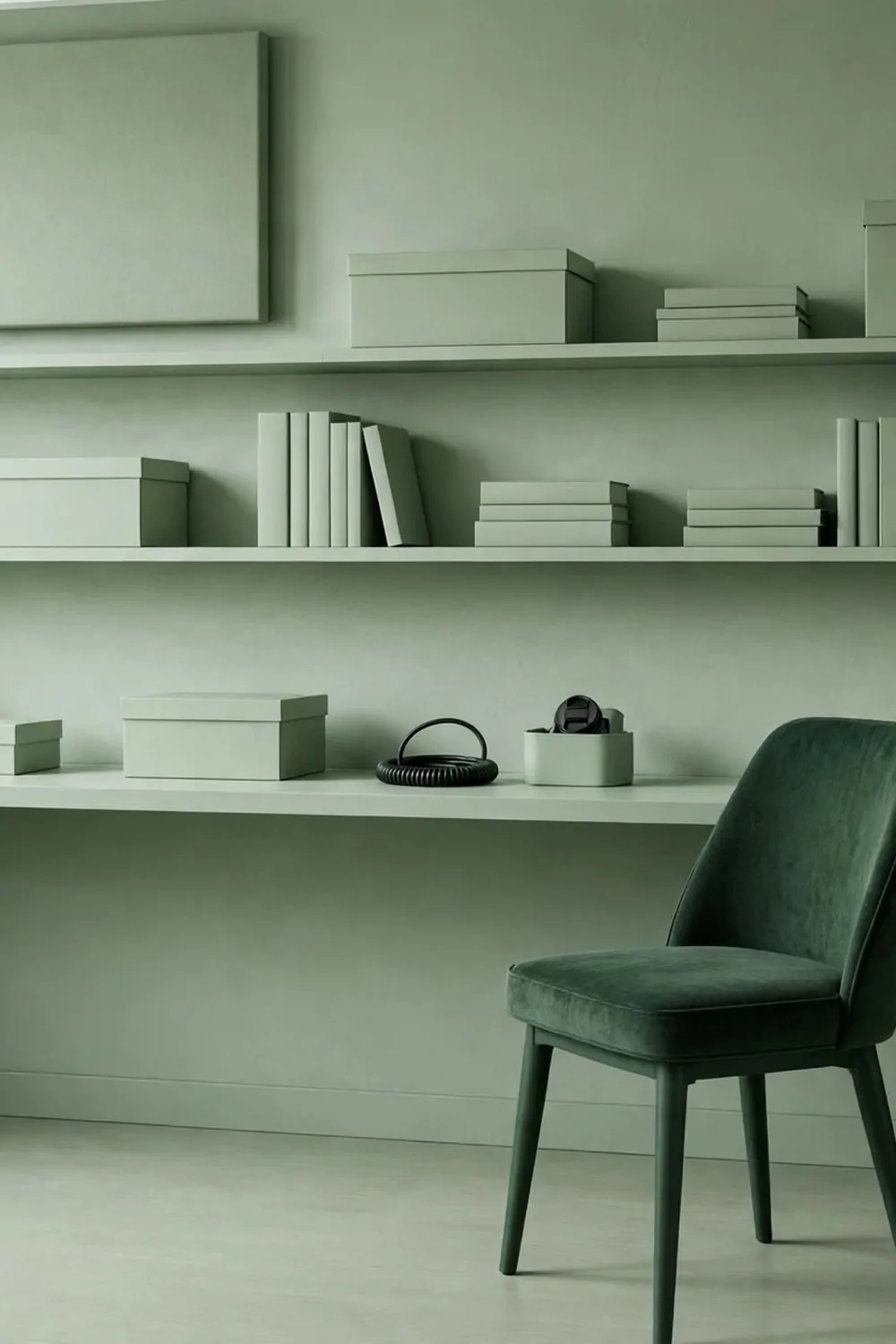 A monochrome studio in soft sage green with matching walls, desk, shelves and one darker accent chair