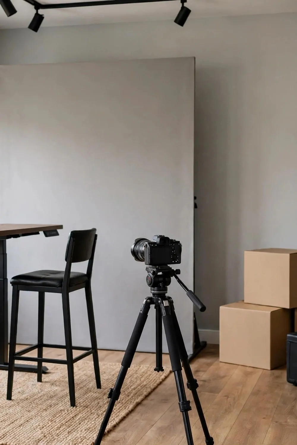 A standing desk filming studio with a tall desk, a stool, a camera at eye level and a tall backdrop panel