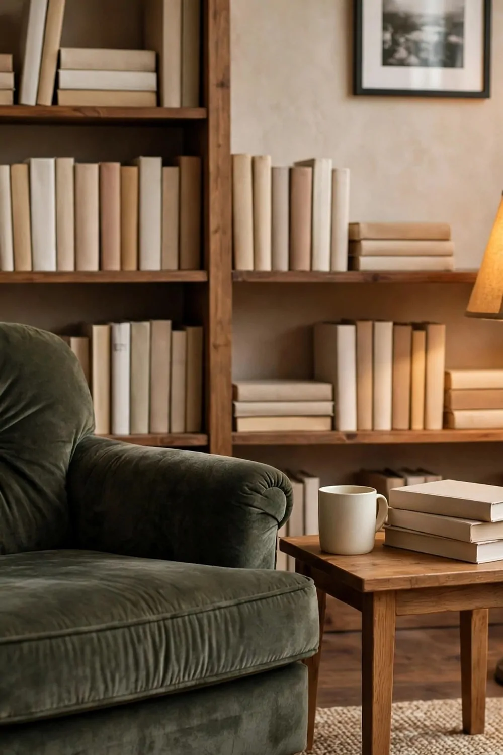 A cozy interview corner studio with a deep armchair, a warm floor lamp, a side table and bookshelves