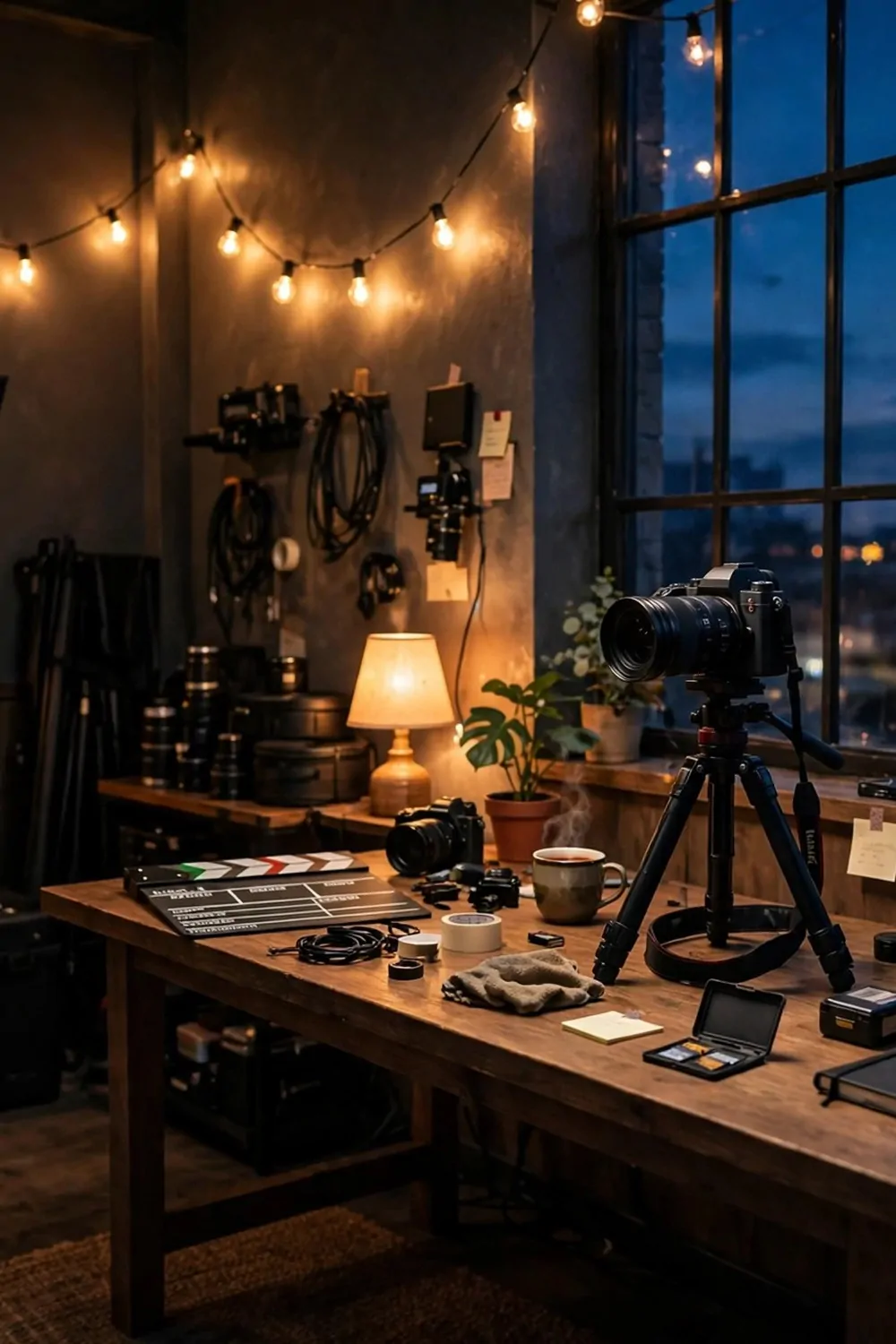 A night glow filming studio with warm lamps, string lights and a dark blue evening sky outside the window