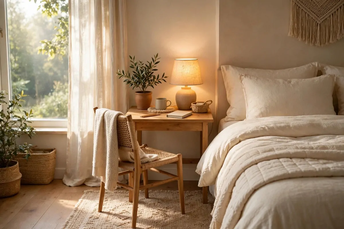 A bright cozy bedroom office with a small wood desk beside a bed with soft cream bedding, warm glowing lamp, soft rug under the desk, morning light through a window