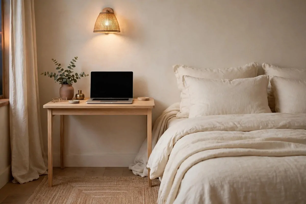20 Cozy Bedroom Office Ideas for a Soft, Snug Workspace 1 A small slim wood desk beside a bed with soft cream bedding, laptop on the desk, warm light, tidy bedroom corner