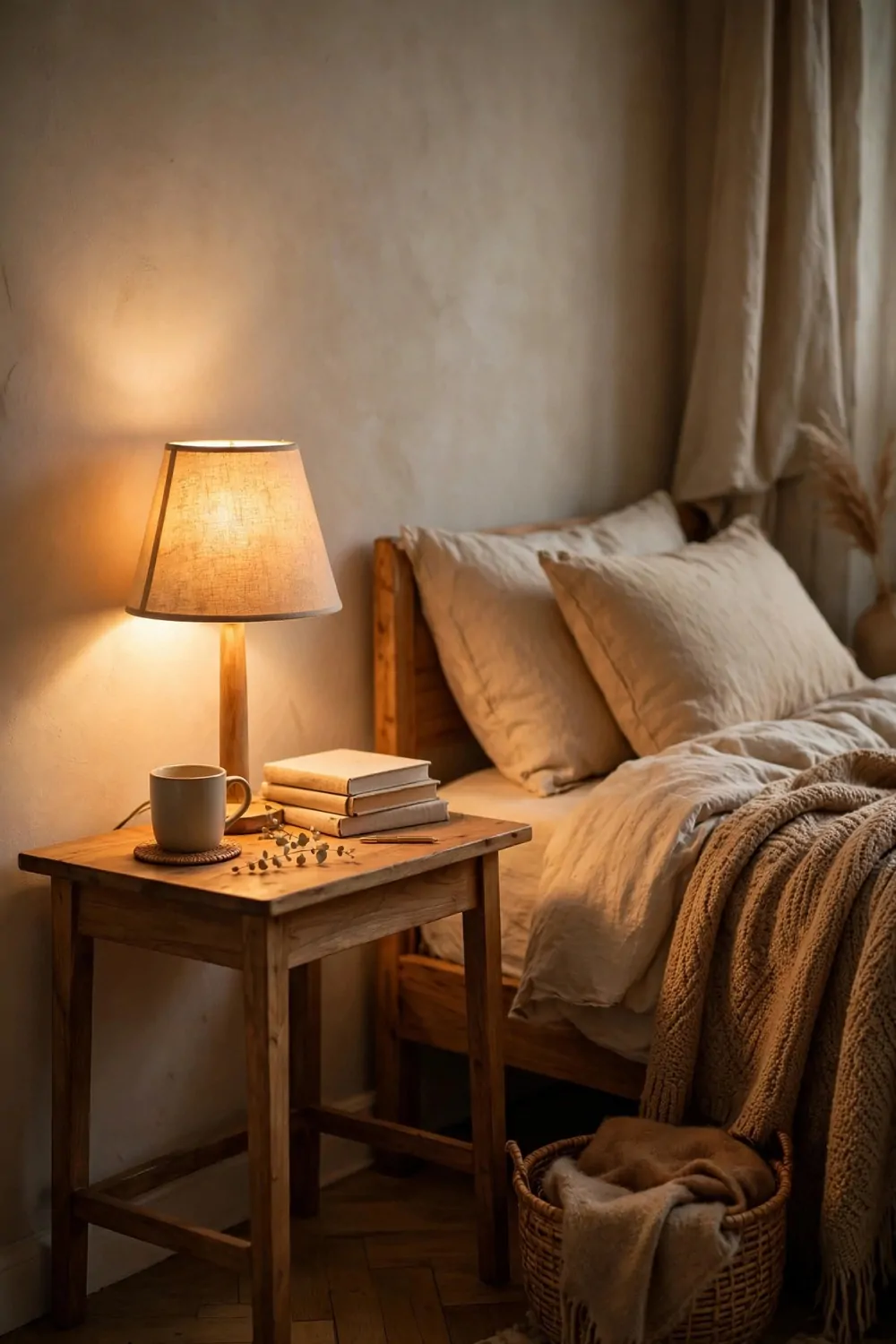 20 Cozy Bedroom Office Ideas for a Soft, Snug Workspace 2 A warm glowing desk lamp with a fabric shade on a small wood desk in a cozy bedroom, soft golden light, bed beside it
