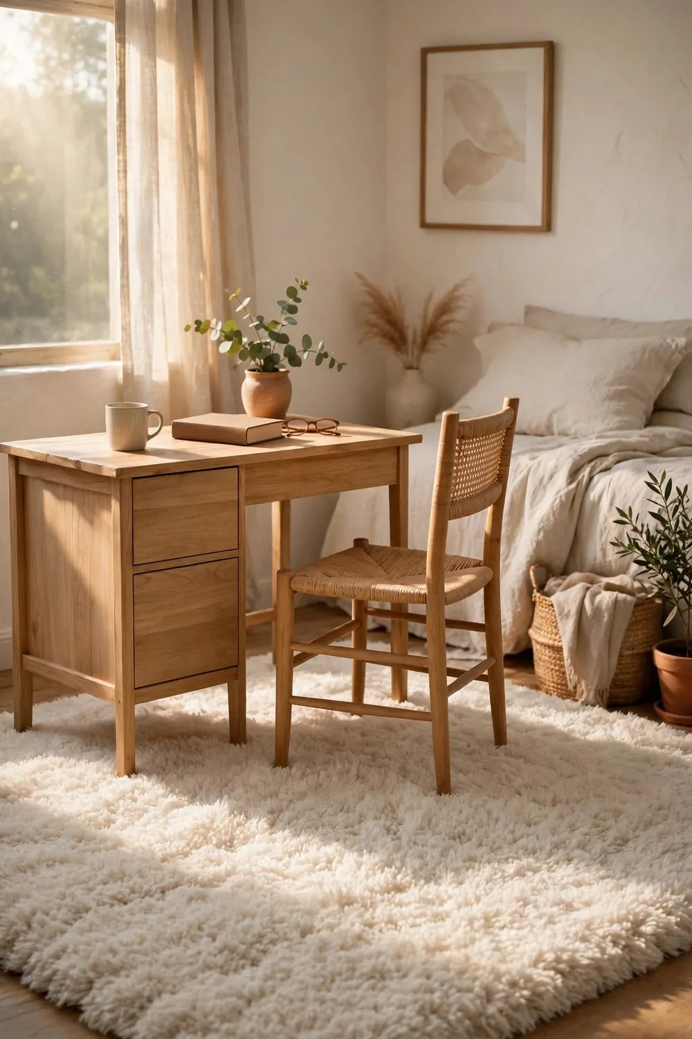 20 Cozy Bedroom Office Ideas for a Soft, Snug Workspace 3 A thick pale soft rug under a small wood desk and chair in a cozy bedroom, warm morning light