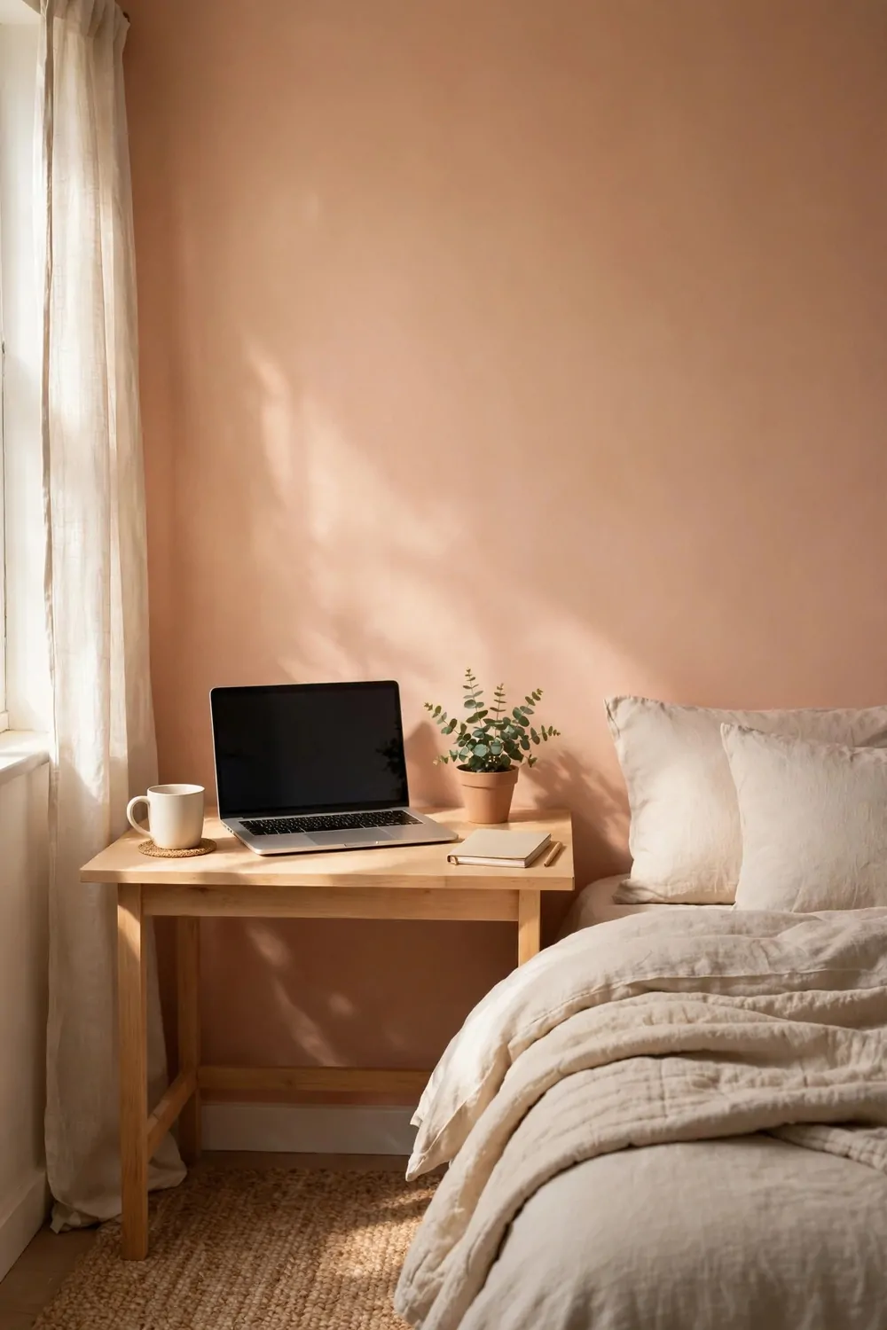 20 Cozy Bedroom Office Ideas for a Soft, Snug Workspace 4 A bedroom office wall painted soft warm peach behind a small wood desk, laptop on the desk, calm bedding, morning light