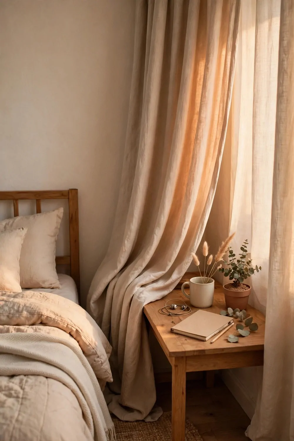 20 Cozy Bedroom Office Ideas for a Soft, Snug Workspace 5 A soft fabric curtain pulled halfway across a small desk corner in a cozy bedroom, bed beside it, warm light